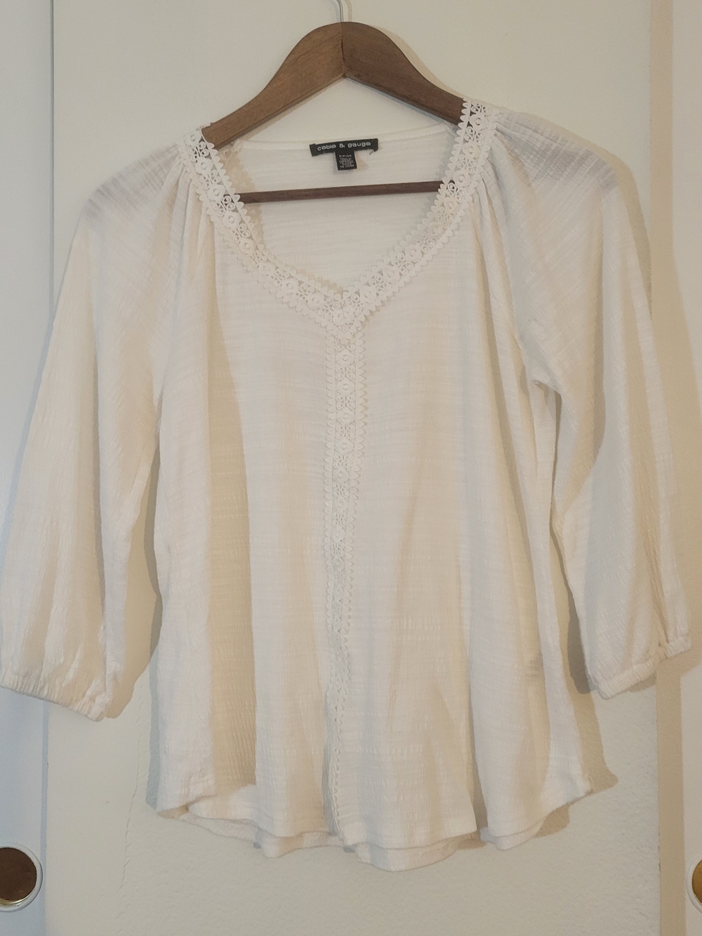 Cable & Gauge Cream Crochet-Trim V-Neck Top